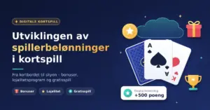 Illustrasjon med teksten «Utviklingen av spillerbelønninger i kortspill», en vifte av spillkort under en digital sky, omgitt av belønningssymboler som en gavepakke, et stjernemerke, et trofé og et varsel om daglig belønning.