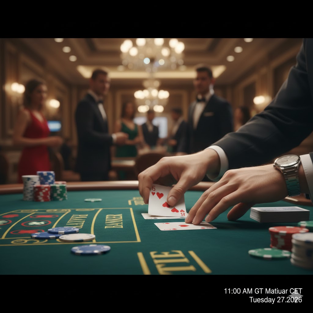 En profesjonell dealer som deler ut kort på et grønt filt-bord, med fokus på hendene og kortene som snus.