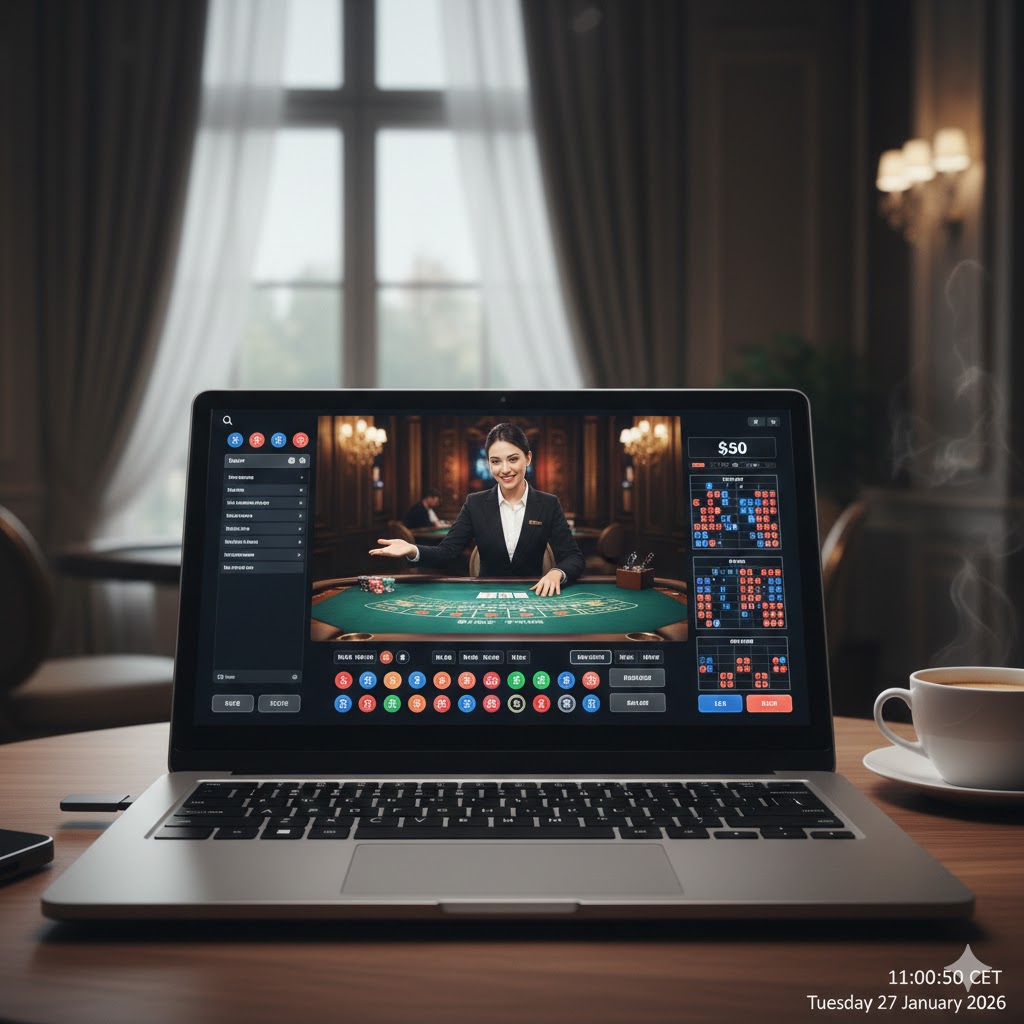 En laptop-skjerm som viser et live dealer baccarat-spill med et interaktivt grensesnitt for innsatser.