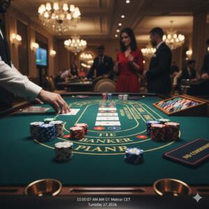 Et luksuriøst Baccarat-bord i et casino med sjetonger, kort og de markerte feltene for Player, Banker og Tie.