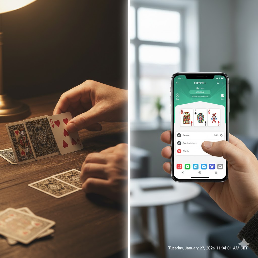En delt skjerm som viser en person som legger kort manuelt på den ene siden, og en moderne kabal-app på en smarttelefon på den andre.