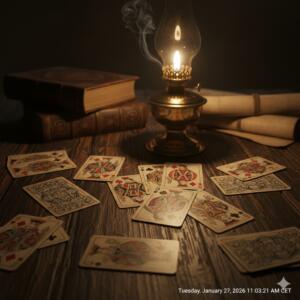 En antikk kortstokk spredt utover et mørkt trebord ved siden av en oljelampe, som representerer kabalens historie på 1800-tallet.