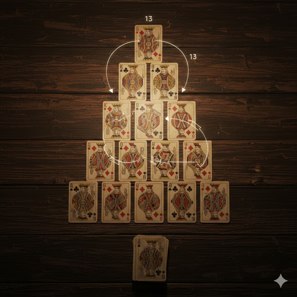 Et oversiktsbilde av Pyramide-kabalen lagt med fysiske kort, med fokus på hvordan par av kort summerer seg til 13.