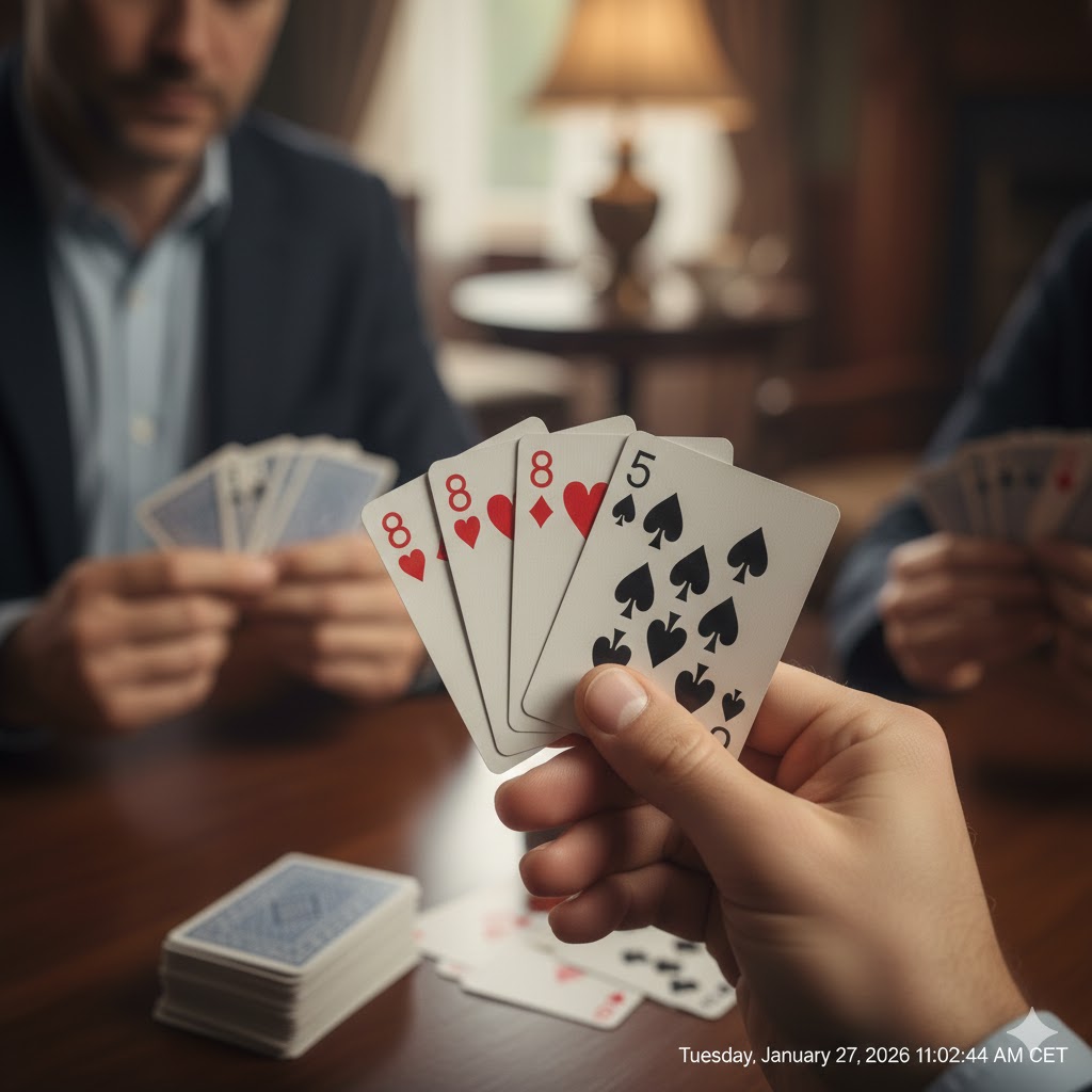 Nærbilde av en hånd som holder et sett med tre 8-ere og en sekvens med ruter 4, 5, 6.