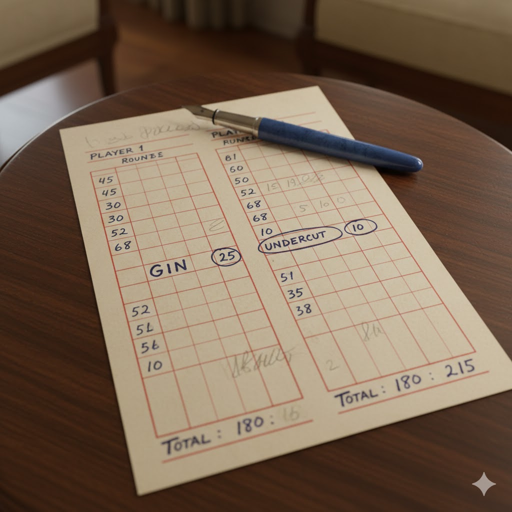 En klassisk poengblokk i papir med håndskrevne poengsummer og bonuser markert for Gin og Undercut.