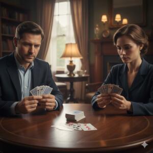 To spillere som sitter overfor hverandre ved et bord, med kortstokk og kastebunke mellom seg, i en klassisk atmosfære.