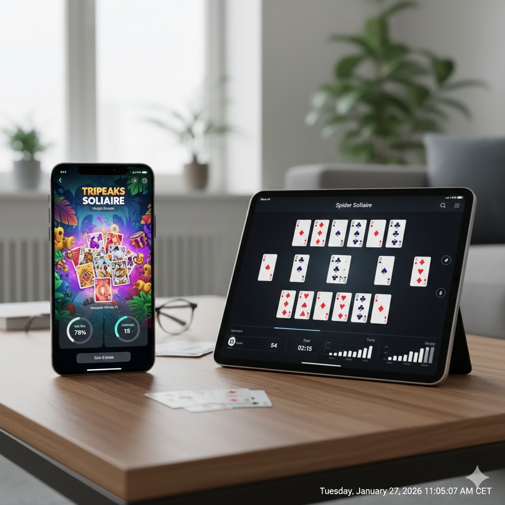 En smarttelefon og et nettbrett som viser ulike moderne kabal-apper med fargerik grafikk og statistikk.