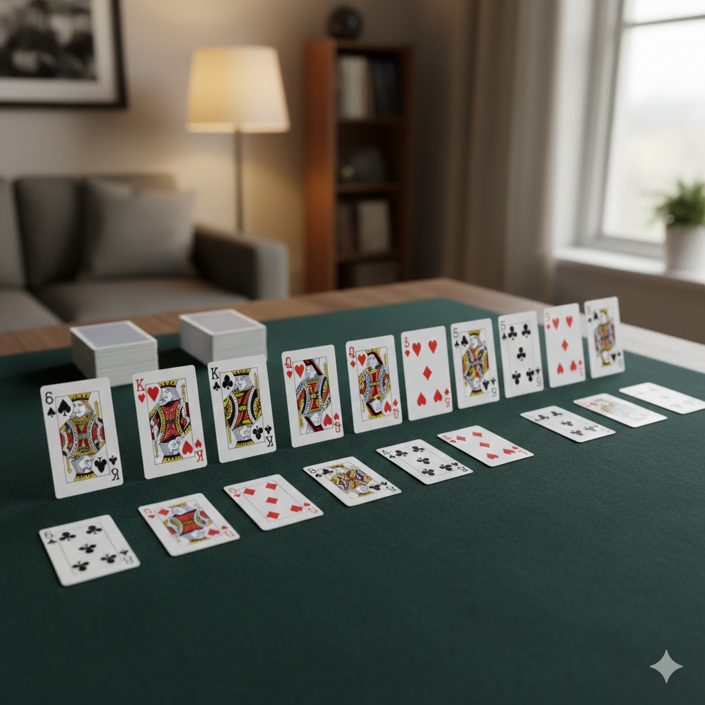 Nærbilde av to kortstokker fordelt i ti kolonner på en grønn filtmatte, som illustrerer oppsettet av Edderkoppkabal.