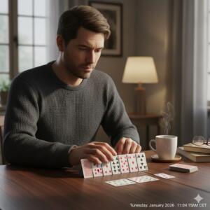 En person som sitter alene ved et trebord med en kopp kaffe og legger en tradisjonell kortkabal med en fysisk kortstokk.