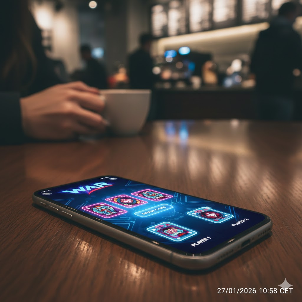 En moderne smarttelefon som viser et fargerikt digitalt kortspill-grensesnitt på en kaffebar.