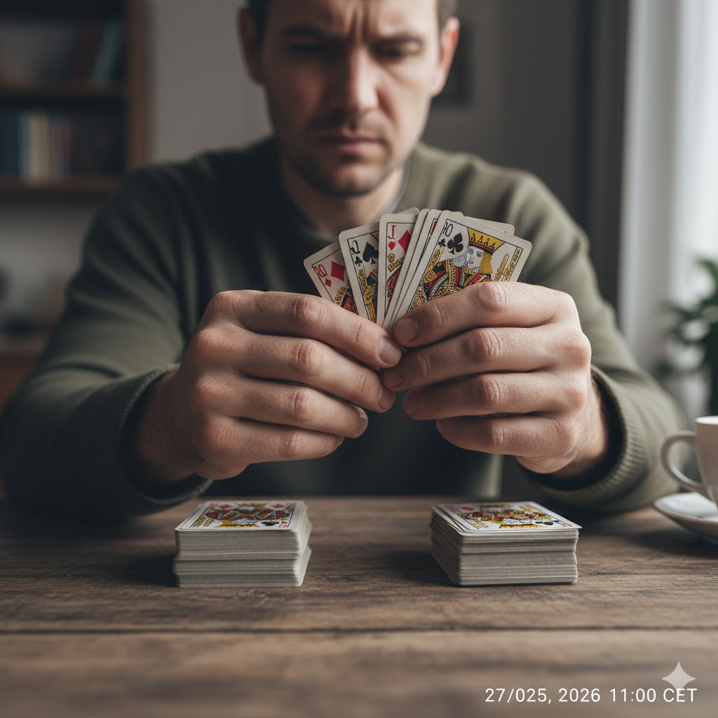 En person som konsentrert observerer en kortstokk fordelt i to bunker, med fokus på hendene som holder kortene.