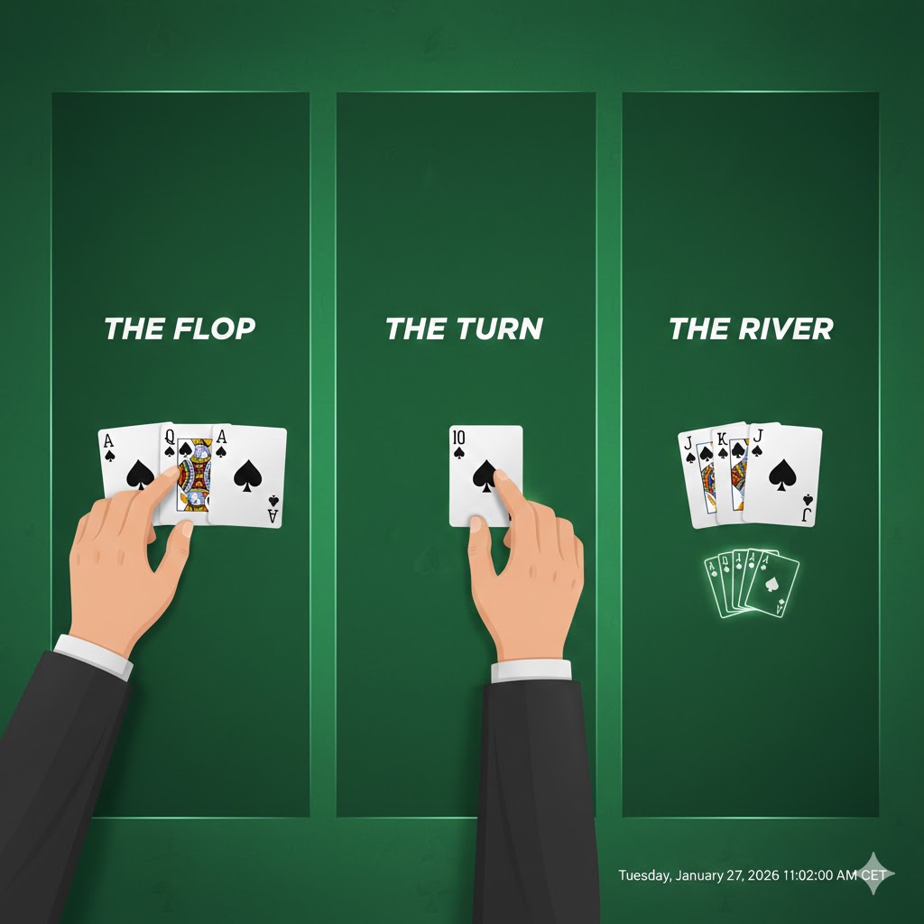 En grafisk fremstilling av en poker-dealer som deler ut flop, turn og river kortene på en grønn filt.