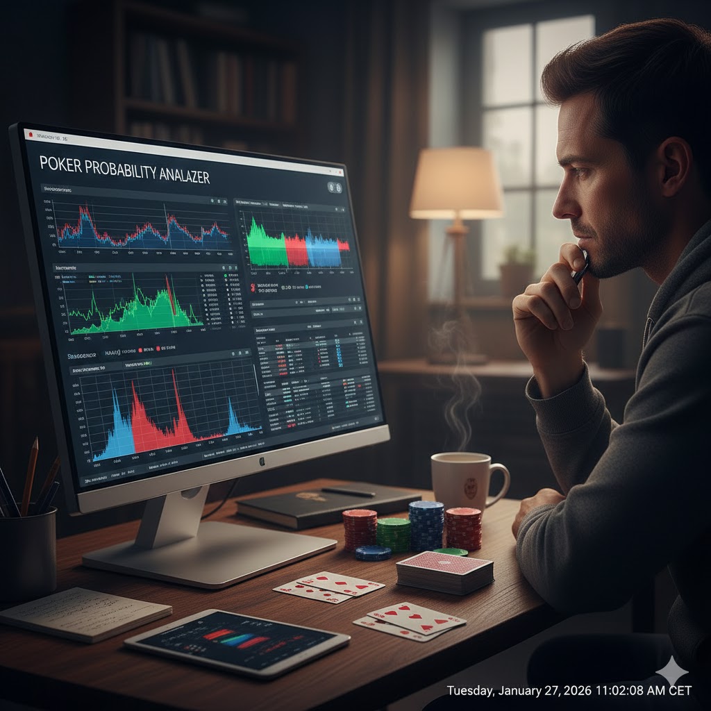 En person som analyserer sannsynligheter på en skjerm ved siden av en fysisk kortstokk og poker-chips.
