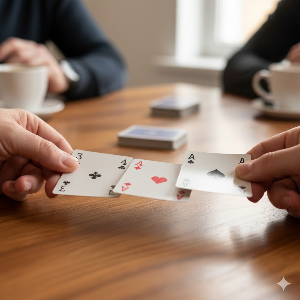 Nærbilde av to hender som bytter kort over et bord; en hånd gir bort to lave kort (3 og 4) mens den andre mottar to ess.