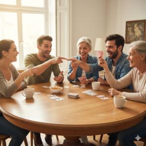 En gruppe venner som spiller kortspill rundt et bord, med fokus på en kortstokk og spillere i ulike aldre som ler og peker.