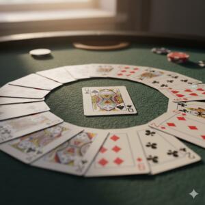 En klassisk spar dame kort lagt sentralt på et grønt spillbord med andre kort spredt rundt i en vifteform.