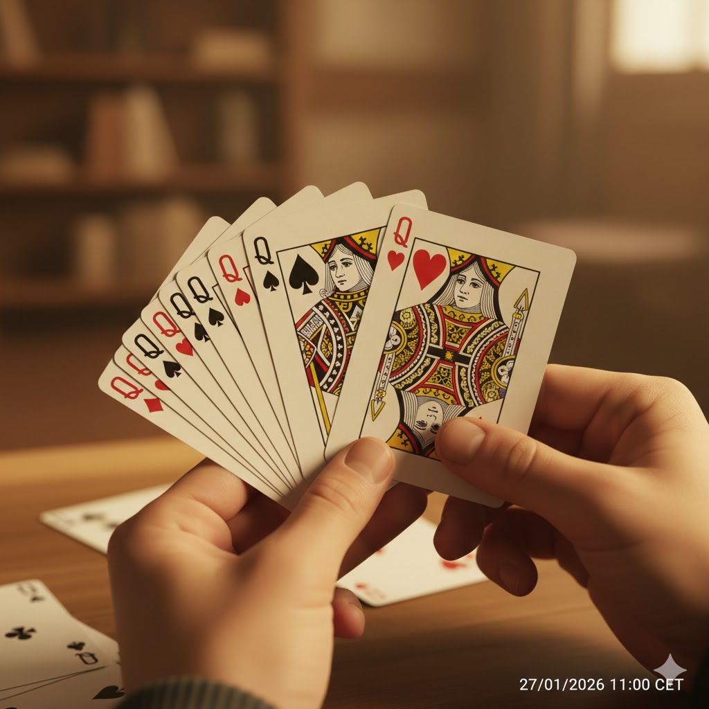 En person som holder en vifte med kort, med fokus på en hjerter og en spar dame, i et rom med varm belysning.
