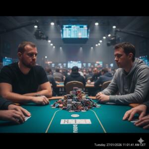 To spillere i en intens pokerduell med sjetonger i midten og fokus på felleskortene på bordet.