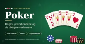 Grønt pokerbord med en vifte av spillkort som viser en royal flush i hjerter, pokersjetonger og teksten «Poker – Regler, pokerhendene og de viktigste variantene».