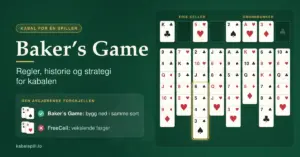 Grafikk for Baker’s Game med et kabalbrett med frie celler, grunnbunker og kortkolonner der en rekke spar bygges nedover i samme sort, ved siden av teksten «Regler, historie og strategi for kabalen».