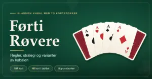 Grafikk på grønn spillbordbakgrunn med teksten «Førti Røvere – regler, strategi og varianter av kabalen» og en vifte av spillkort med fire ess og to kortbaksider.