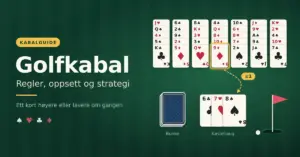 Illustrasjon av golfkabal på et grønt spillebord med sju kolonner med spillkort, en bunke og en kastehaug der ruter ni legges på spar åtte, ved siden av teksten «Golfkabal: regler, oppsett og strategi» og et golfflagg.
