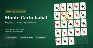 Illustrasjon av Monte Carlo-kabal med 25 spillkort lagt i et rutenett på fem ganger fem på grønt filtbord, der to konger ved siden av hverandre er markert som et par, sammen med teksten «Monte Carlo-kabal: Regler, strategi og varianter».