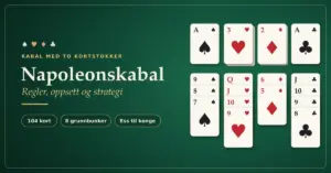 Illustrasjon av Napoleonskabal på et grønt kortbord, med grunnbunker og kortrekker bygget nedover i samme kulør, ved siden av teksten «Napoleonskabal – Regler, oppsett og strategi».