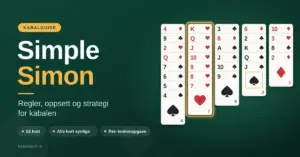 Illustrasjon av kabalen Simple Simon med åpne kortkolonner på grønn filtbakgrunn, der en sekvens i hjerter fra konge til sju er uthevet, ved siden av teksten «Simple Simon – Regler, oppsett og strategi for kabalen».