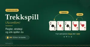 Illustrasjon for kabalen Trekkspill (Accordion) med fem spillkort på grønt kortbord, der piler viser at et kort kan flyttes én eller tre plasser til venstre ved samme farge eller valør.