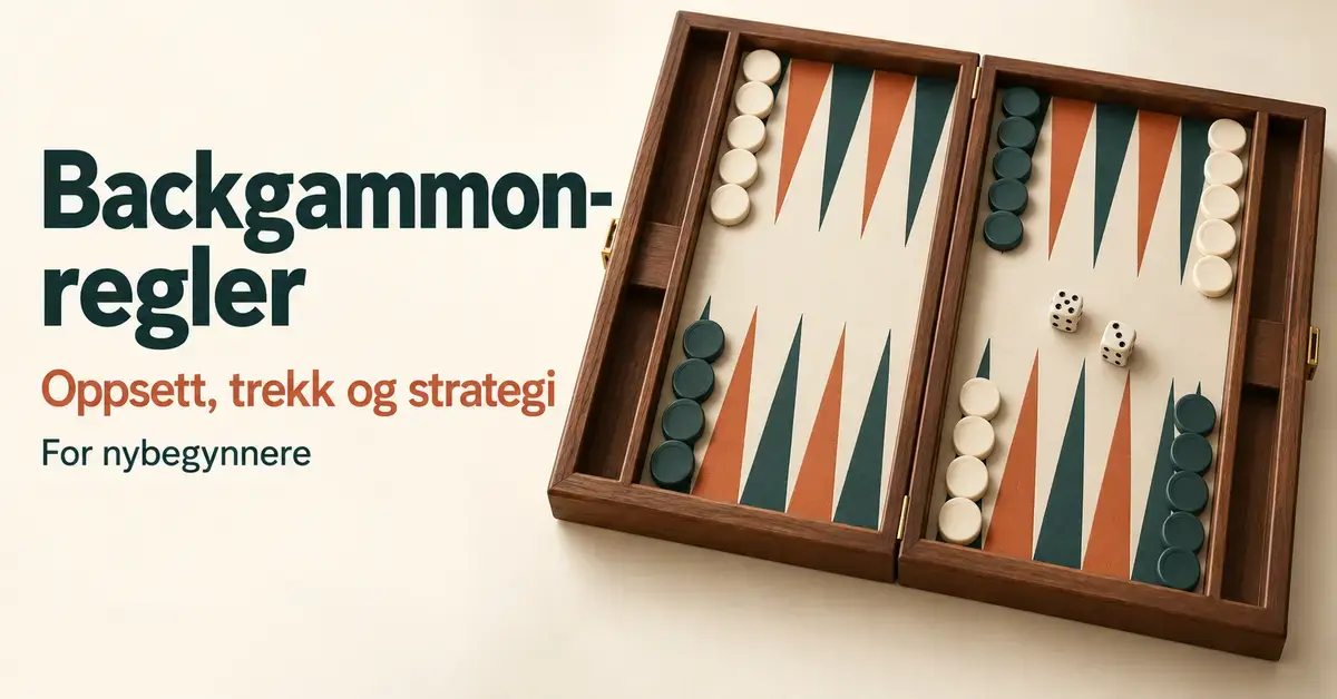 Illustrasjon av et backgammonbrett med lyse og mørke brikker og to terninger ved siden av teksten «Backgammon-regler – Oppsett, trekk og strategi – For nybegynnere».