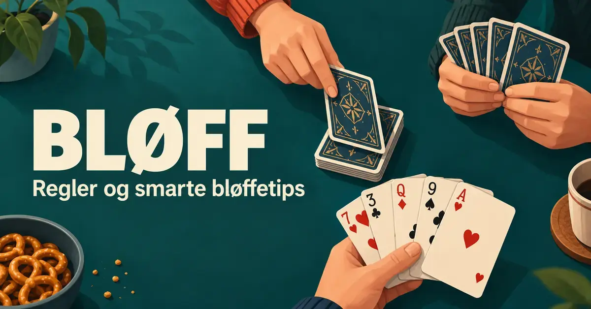 Illustrasjon av spillere som holder kort og legger et kort med baksiden opp på bordet, med teksten «Bløff – Regler og smarte bløffetips».