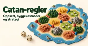 Illustrasjon av et Catan-inspirert brett med ressursfelter, røde og blå bygder og veier samt to terninger, ved siden av teksten «Catan-regler: Oppsett, byggekostnader og strategi».