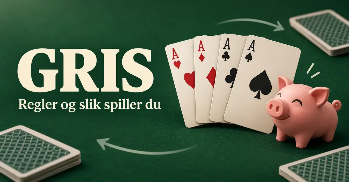 Fire ess og en rosa gris på et grønt spillebord med teksten «Gris – Regler og slik spiller du».