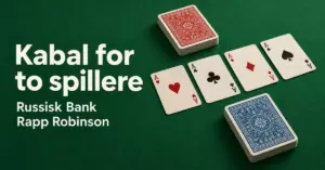To kortstokker med rød og blå bakside og fire ess på et grønt bord illustrerer Russisk Bank, også kalt Rapp Robinson, en kabal for to spillere.