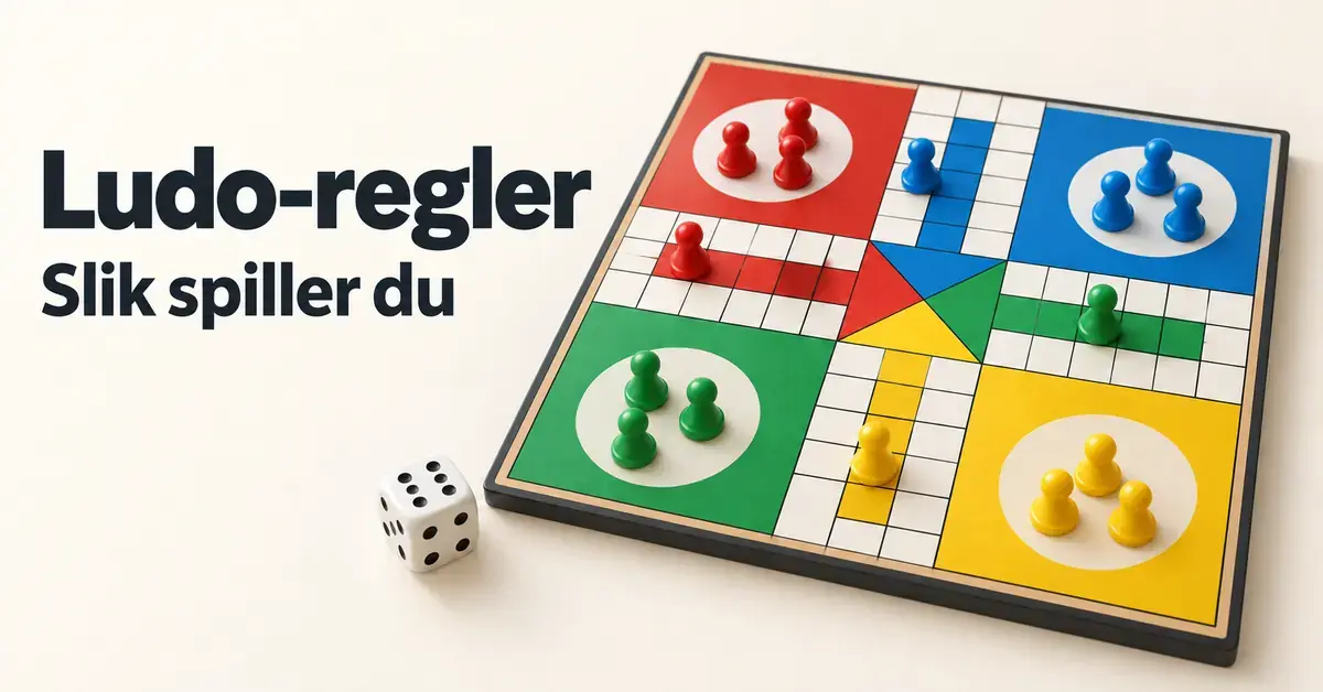 Ludobrett med røde, blå, grønne og gule brikker og en terning ved siden av teksten «Ludo-regler – Slik spiller du».