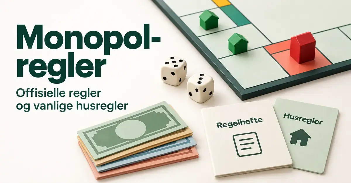 Illustrasjon av et eiendomsspill med hus, hotell, terninger, spillpenger og regelhefter ved siden av teksten «Monopol-regler – Offisielle regler og vanlige husregler».
