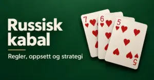 Tre hjerterkort med verdiene sju, seks og fem på mørkegrønn bakgrunn ved siden av teksten «Russisk kabal – Regler, oppsett og strategi».